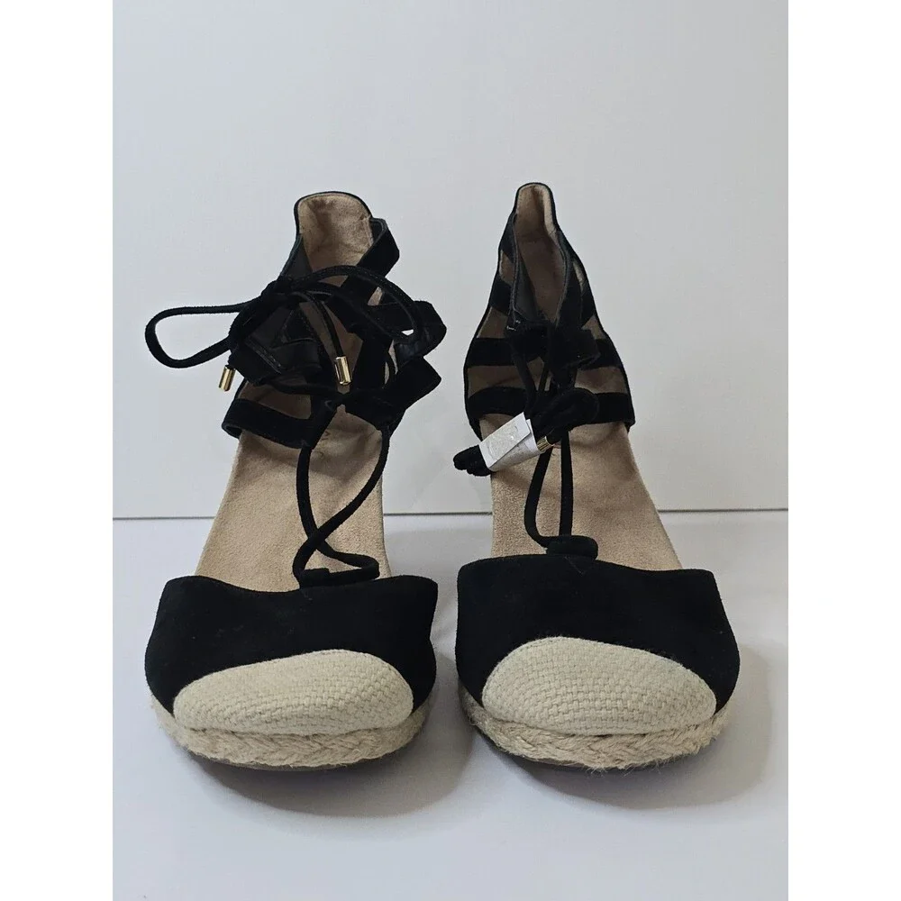 Vionic Calypso Espadrille Wedge Sandals Black Suede Lace Up Women's Size 11